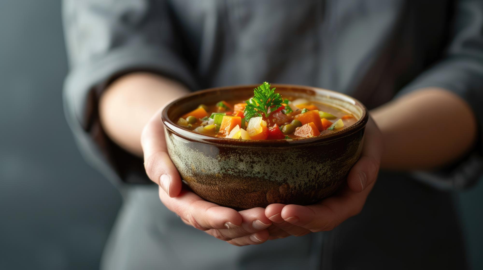 Hand holding ceramic bowl with rich stew